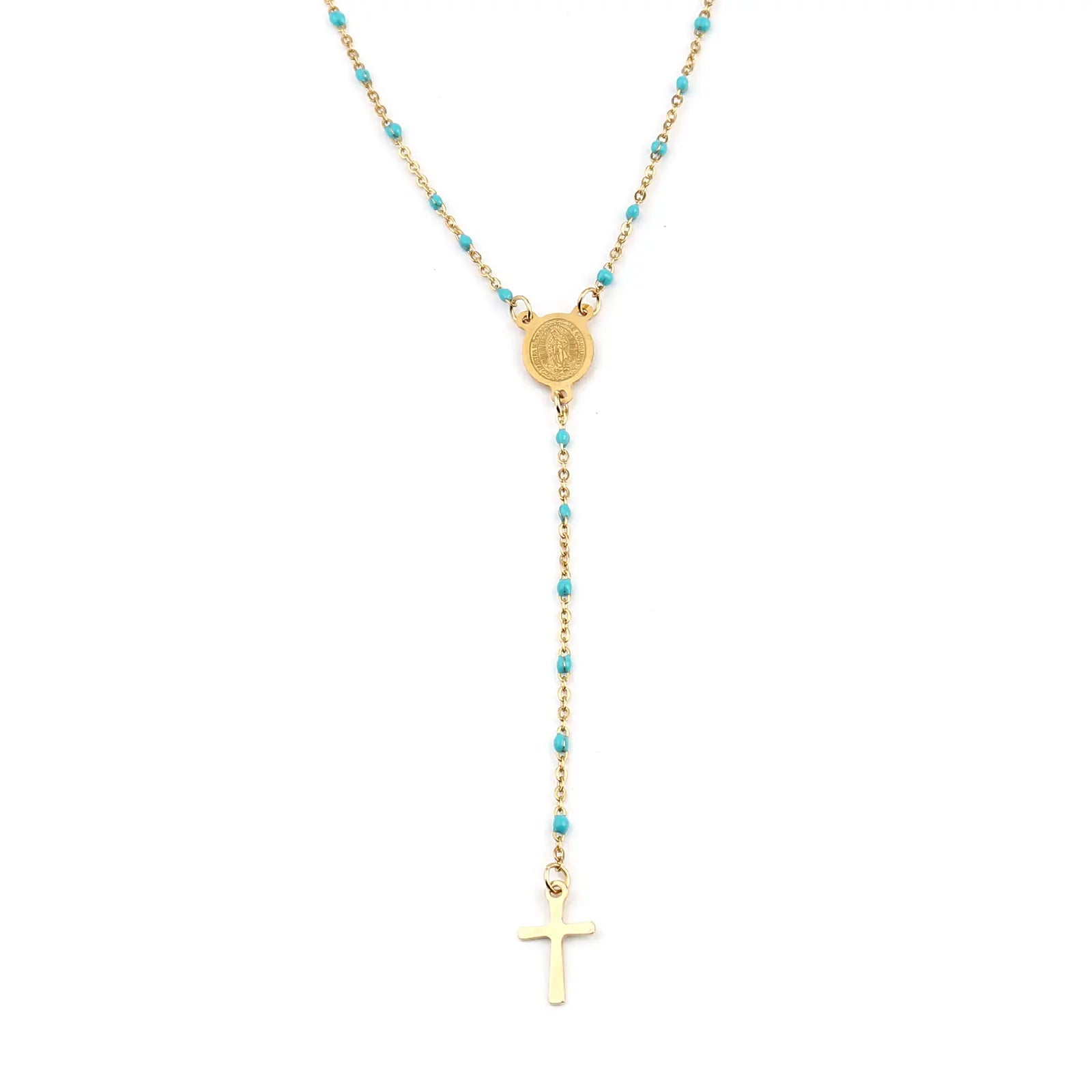 Collier en croix avec petites boules bleues