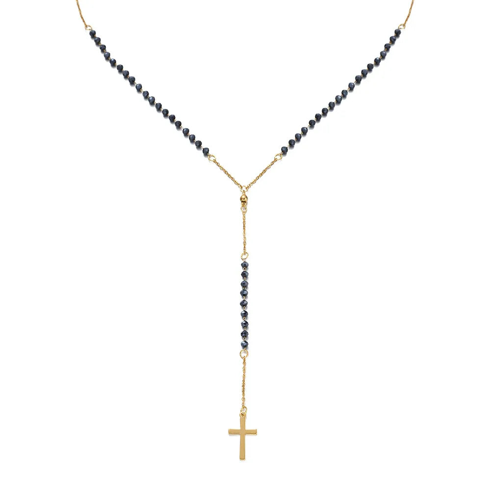 Collier en croix pour femme avec une chaîne de couleur bleue foncée et dorée