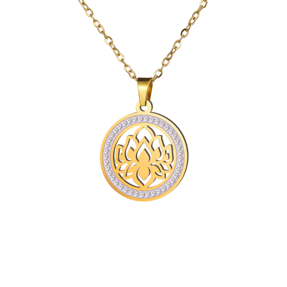 Collier fleur avec pendentif circulaire de couleur dorée et argentée 