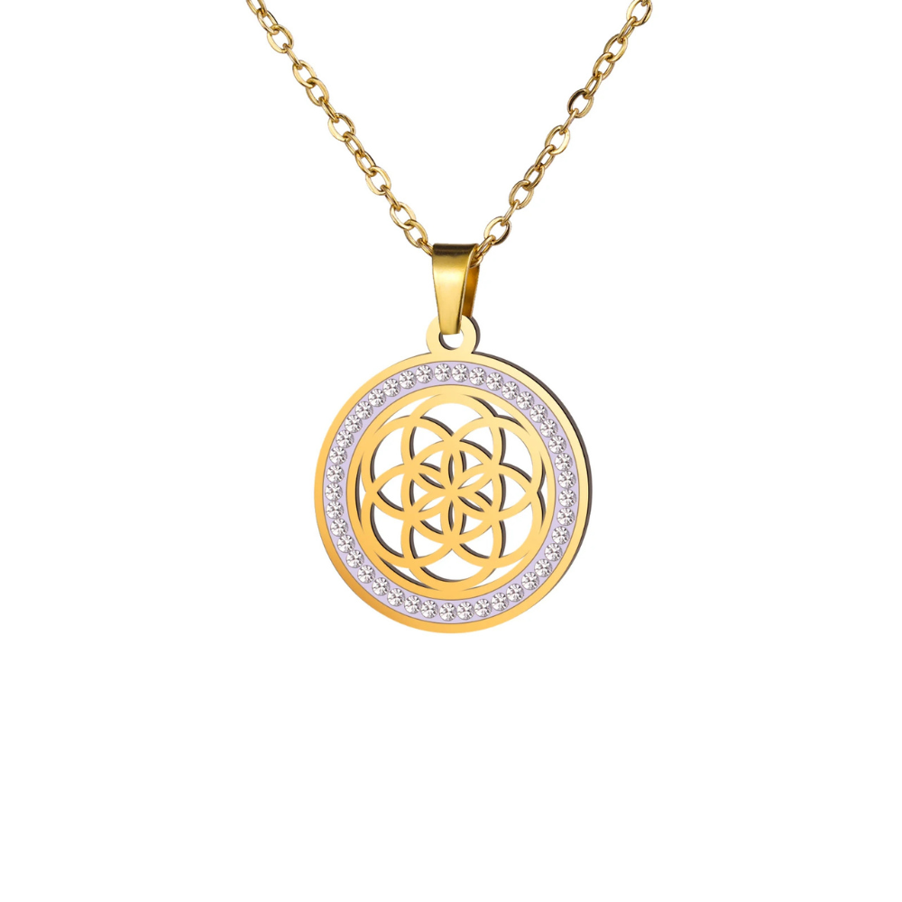 Collier fleur avec pendentif circulaire doré et argenté 