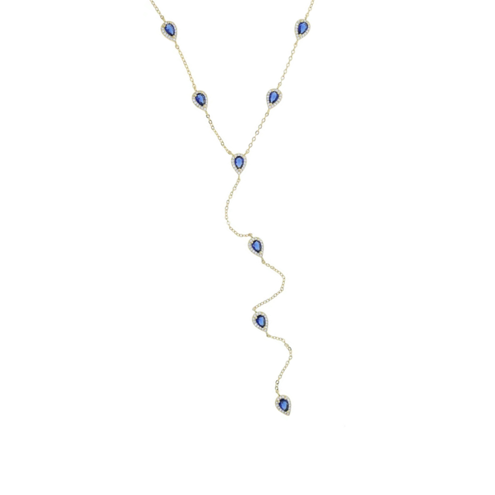 Collier en y doré avec des petits motifs circulaires bleus foncés