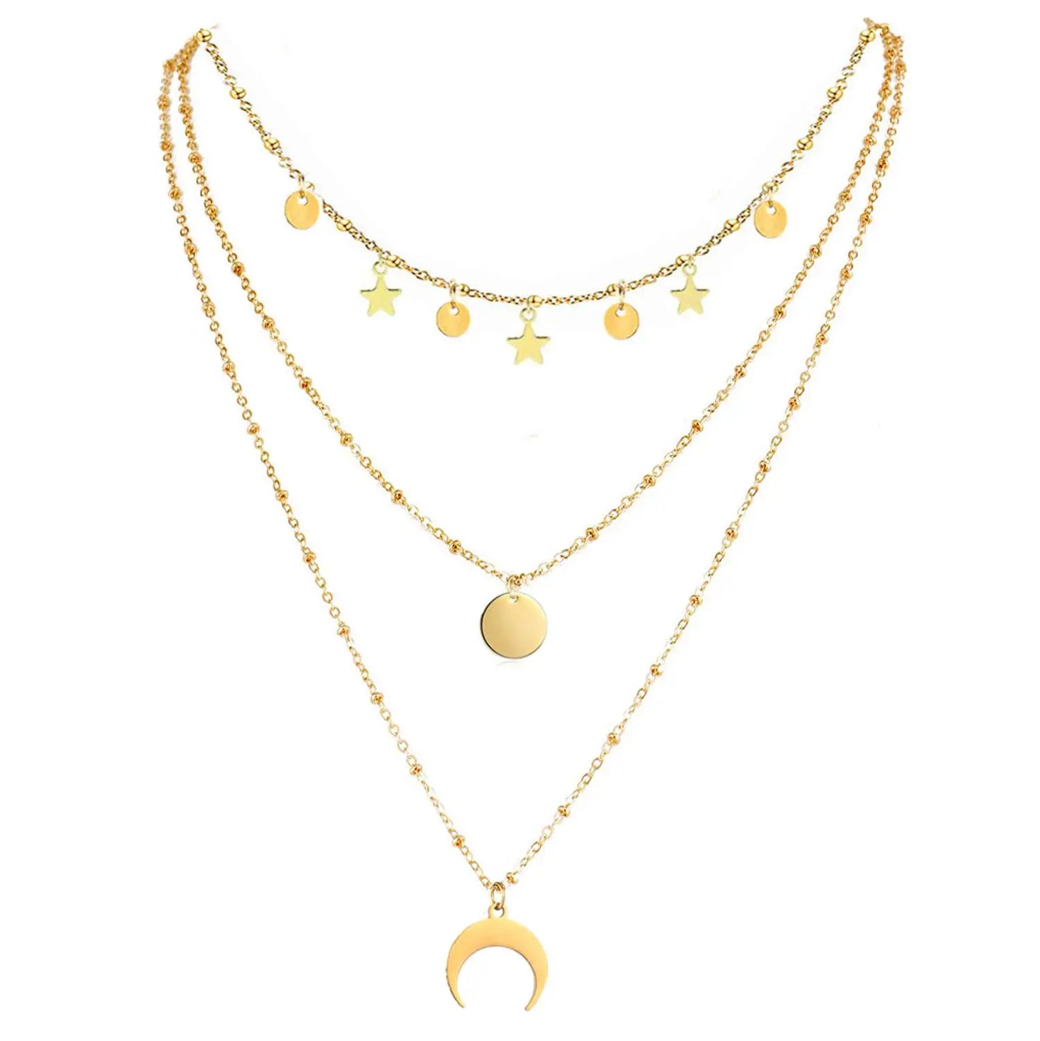 Collier multi rangs de couleur dorée avec un pendentif en forme de croissant de lune 
