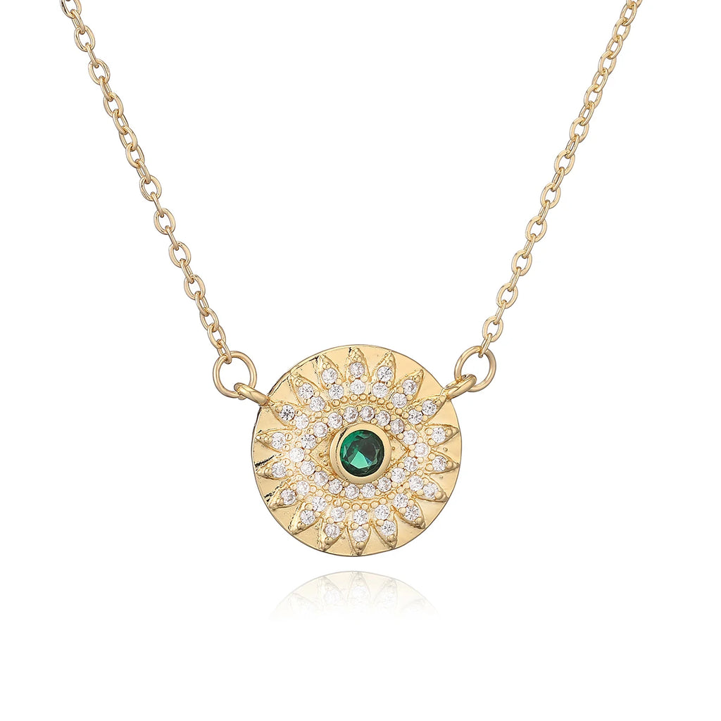 Collier œil avec un pendentif circulaire doré et vert 