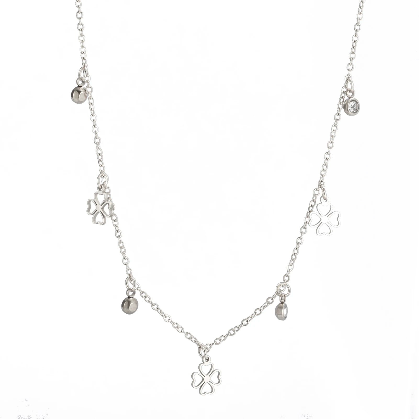Collier fleur avec pendentif argenté en forme de trèfle 