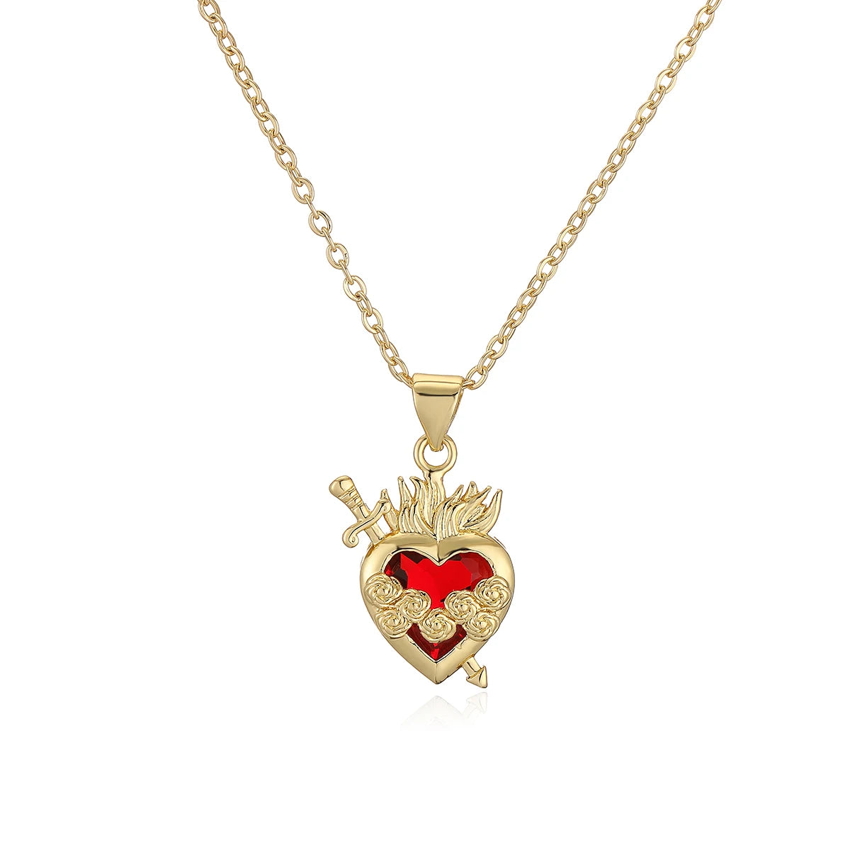 Collier cœur avec un design doré et rouge intense 